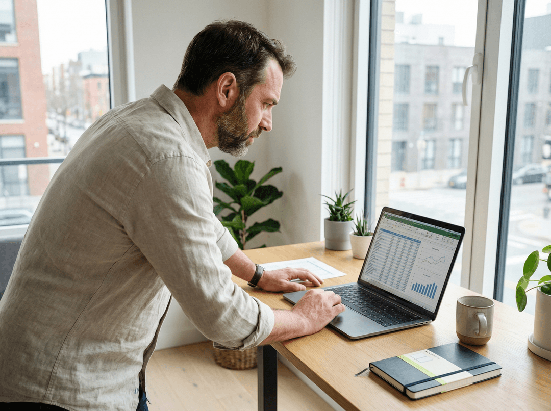 Reviewing financials on laptop